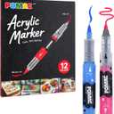 POMAC Dual Tip Acrylic Paint Markers Pens 12 Assorted Colors, Direct Liquid Acrylic Marker with Brush & Fine Tip, Water-Based Paint Marker for Fabric, Canvas, Rock, Glass, Wood, Crafts, Art Supplies
