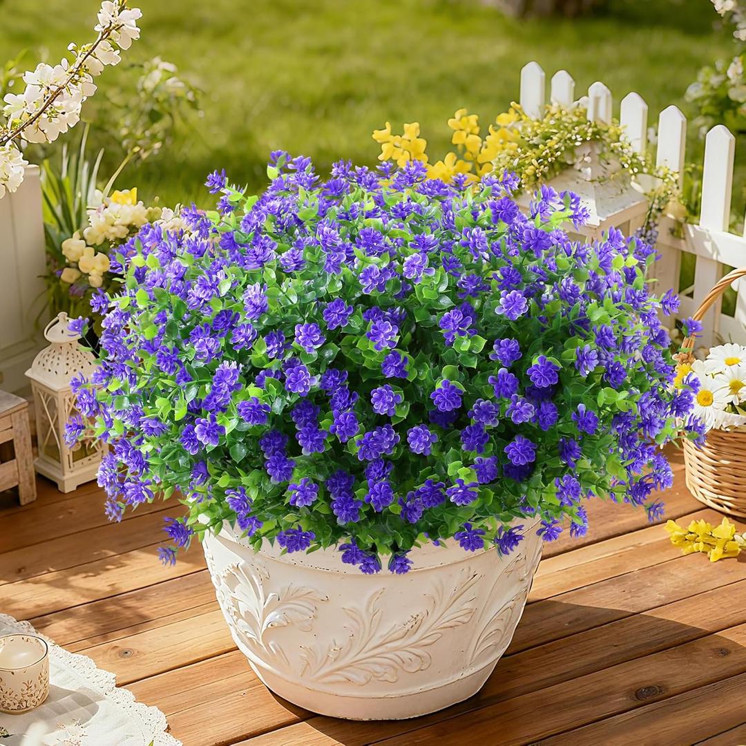 SITUMEIZI 8 Bundles Purple Artificial Flowers Outdoor Fake Flower Plastic UV Resistant Shrubs Greenery Plants Hanging Decorations Garden Porch Window Box Farmhouse Outside Summer Indoor Decor