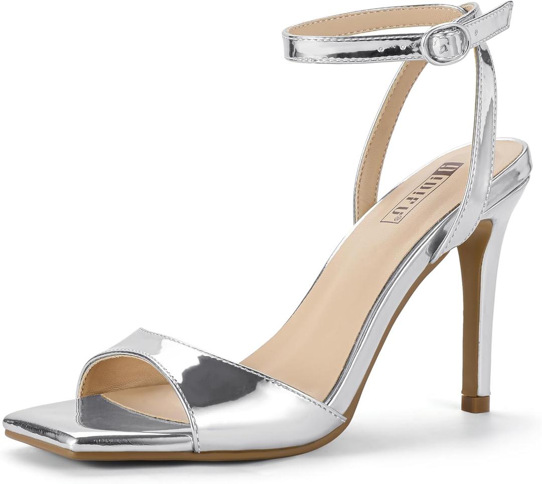 IDIFU IN4 High Stiletto Heels Square Peep Open Toe Strappy Heeled Sandals Wedding Bridal Prom Party Evening Dress Shoes for Women Comfortable Dressy Cute Sexy Ankle Strap Heels (7.5, Silver Patent)