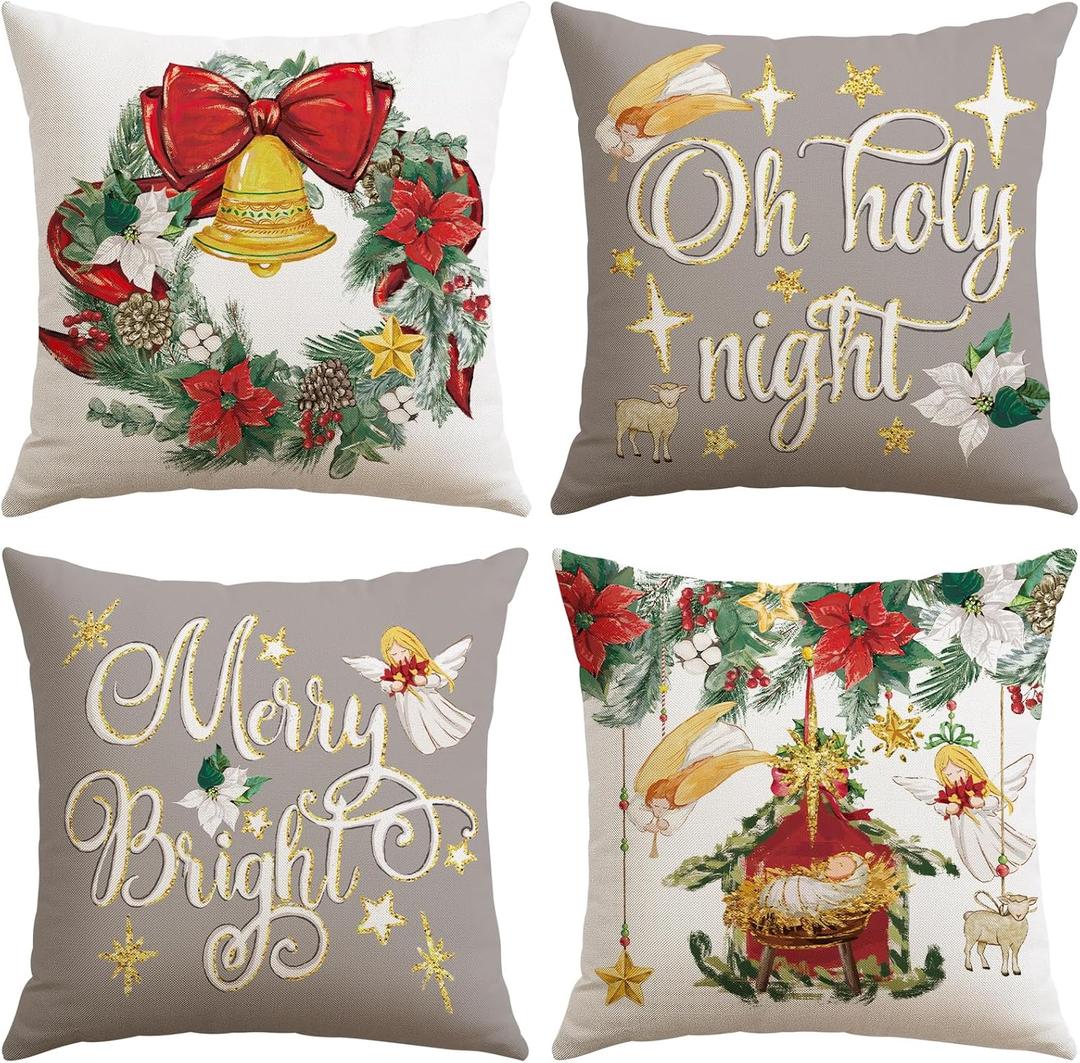 2 x Artscope Christmas Oh Holy Night Merry Bright Jesus Wreath Throw Pillow Covers 18x18 Inch Set of 4, Winter Hoilday Christmas Decoration Pillow Cases for Home Sofa Couch Decor-Grey