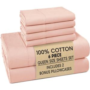 Casa Platino 100% Cotton Queen Size Sheets Set 6 Piece Crisp Percale Queen Size Cooling Sheets, Lightweight for Summer, with 15" Deep Pocket Fitted Sheet Nightly Comfort & Airy Sleep Veiled Rose