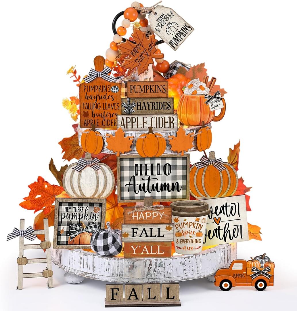 21 Pcs Fall Thanksgiving Tiered Tray Decoration Set Thanksgiving Table Sign Pumpkins Farmhouse Gnome Maple Leaves Centerpieces Harvest Wood Blocks Signs Fall Block Tabletop for Autumn