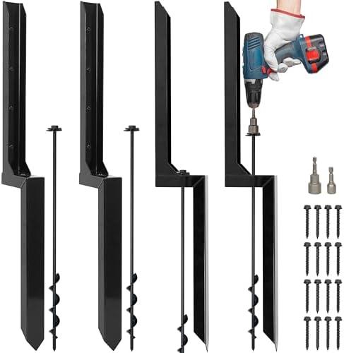 LADECH Heavy Duty Steel Fence Post Repair Stakes with Ground Anchor Screw in, Fix Anchors Ground Spike for Fence Posts, Repair Tilted/Broken Wood Posts (Black - 4 Pcs)