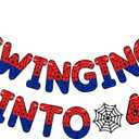 TaoBary Spider Theme 4th Birthday Banner, Pre-strung Swinging into 4 Banner, Spider 4th Birthday Decorations Party Supplies for Kids, Fourth Decor for 4 Year Old Boys Girls (Red and Blue)