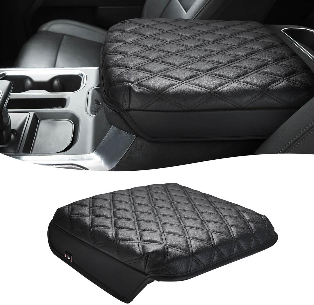 KBH Center Console Armrest Cover for Chevy Silverado & GMC Sierra 2019-2026, Tahoe & Suburban & Yukon 2021-2026, Vinyl Leather Trim, Bucket Seat, Black-Double Stitch