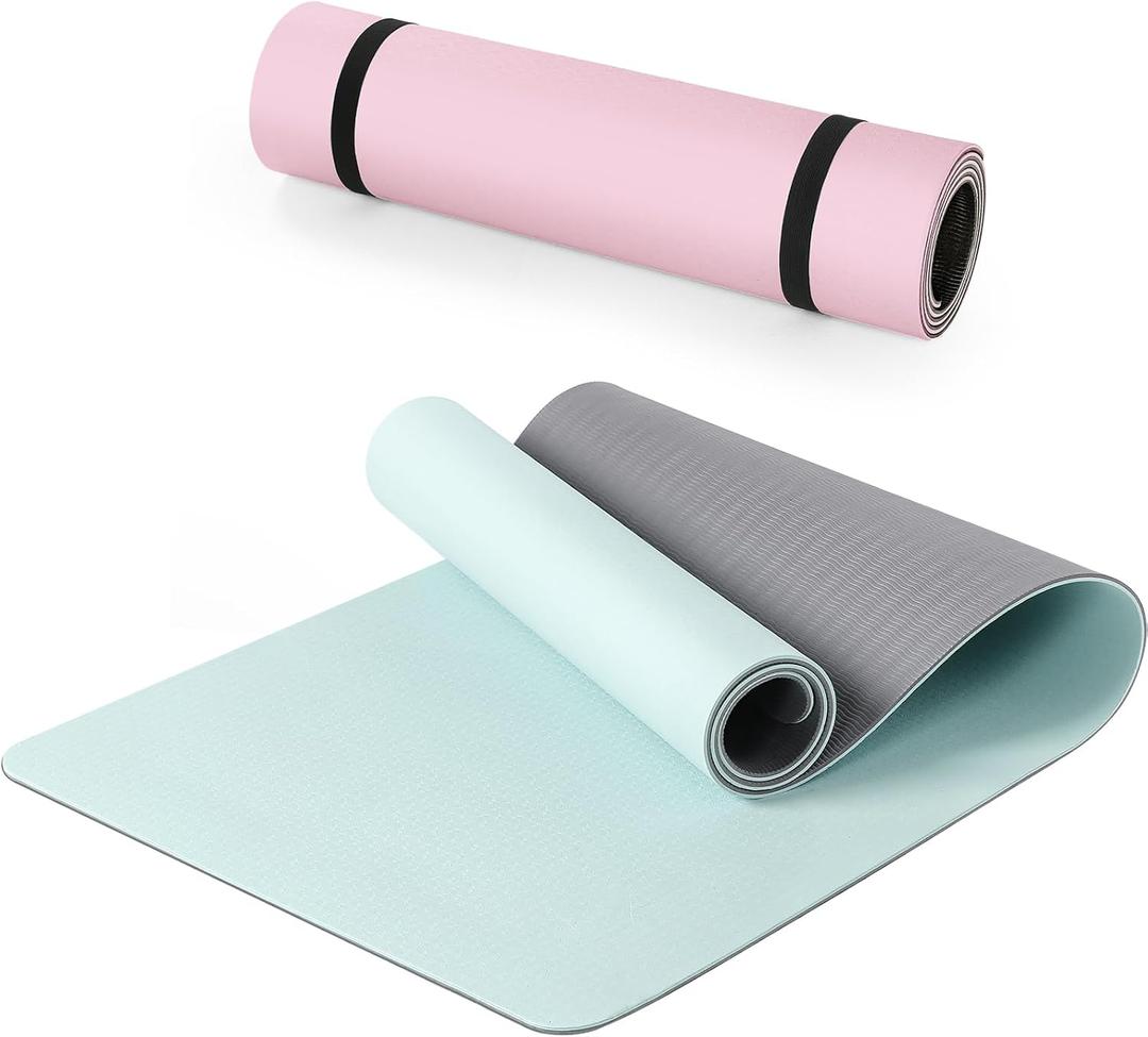 Woanger 2 Pack Yoga Mats (72x24) 3/8 Inch Thick Exercise Yoga Mat for Home Workout with Strap Non Slip Pilates Gym Supplies for Women Men(Pink, Green,Tape)