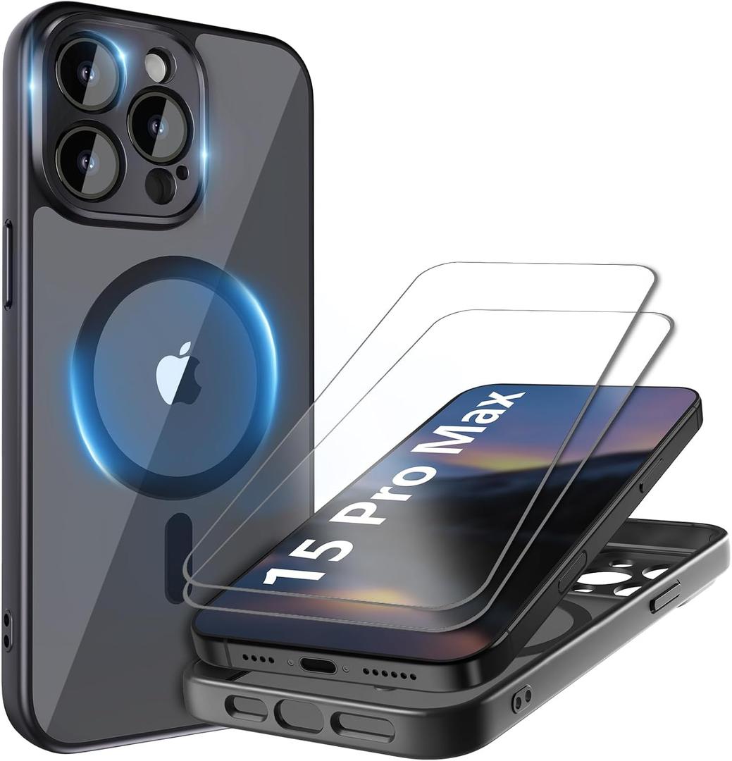 Cufelf Magnetic for iPhone 15 Pro Max Case(Compatible with Magsafe) Full Camera Protection,2+Full Coverage Screen Protector,Translucent Matte,Military Drop Protection Phone Case,6.7",Black