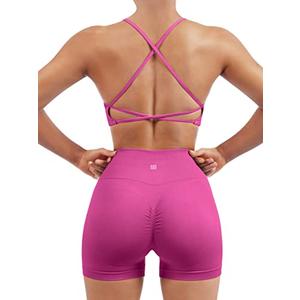 SUUKSESS Women Seamless 1 piece Workout Sets Strappy Padded Sports Bra Booty High Waisted Shorts Outfits (Hot Pink,M)