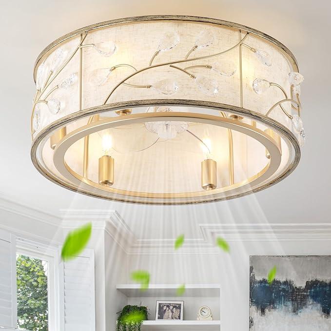 20" Caged Crystal Ceiling Fan with Light, Gold Flush Mount Ceiling Fans with Lights Remote Control, Enclosed with 6 Speeds for Bedroom, Living Room, Nursery