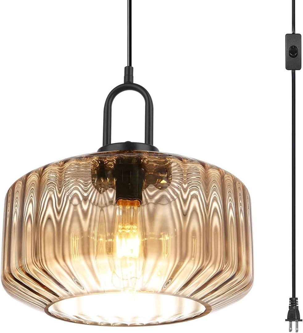 Amber Plug in Pendant Light, Hanging Lamps for Living Room Plug in Glass Globe Pendant Light, Modern Plug in Cord Pendant Hanging Light with 14.7 ft Cord On/Off Switch Striped Glass Shade, D11"* H6.3"