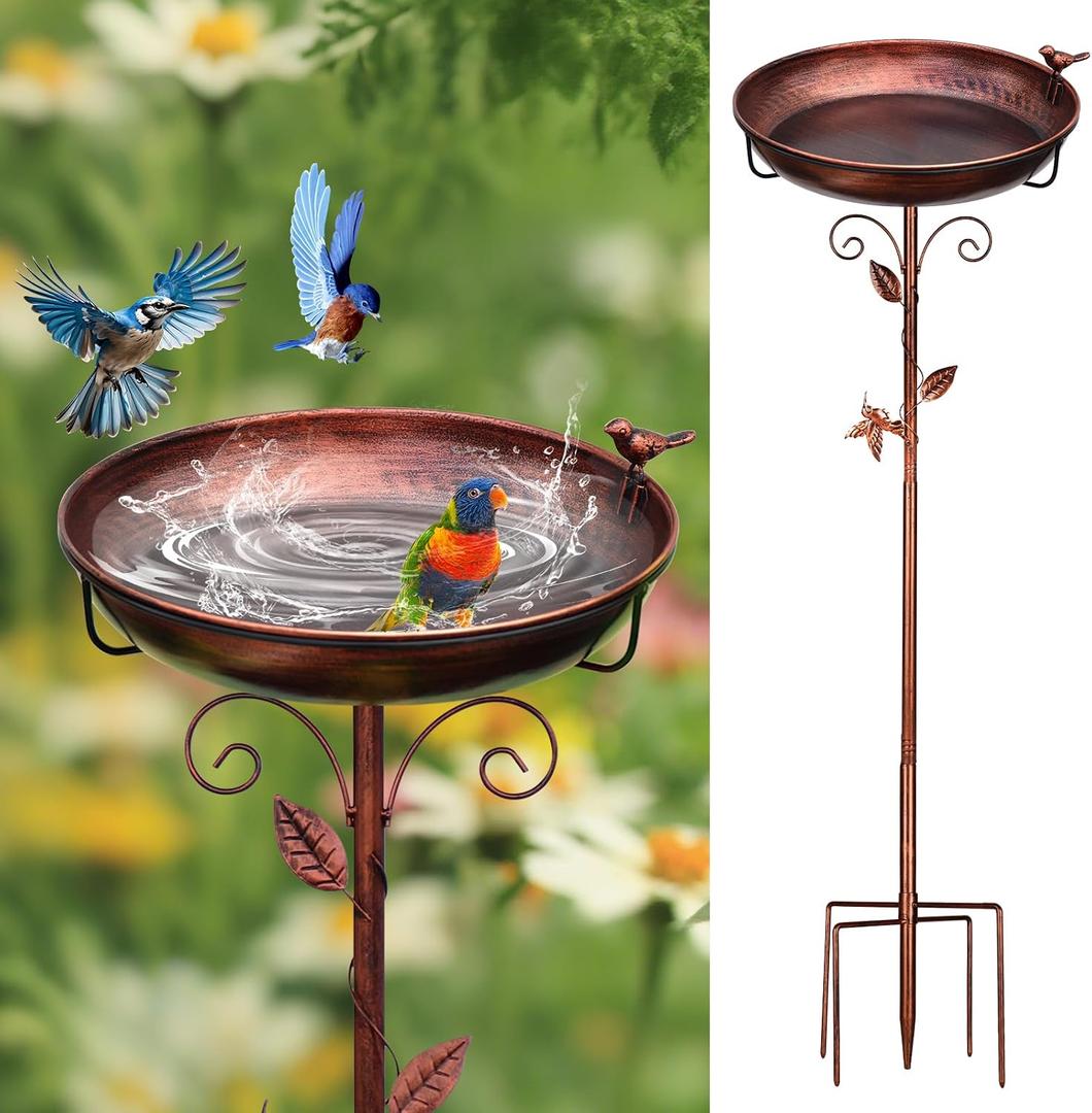Metal Bird Bath for Outside with 2 Bird Decor, Hummingbird on Pole & Sparrow on Bowl, 38.5 Inch Height Garden Birdbath, 12 Inch Antique Bronze Freestanding Birdfeeder Bath for Yard Patio