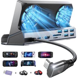 LISEN 10-IN-1 Docking Station for Steam Deck OLED&ROG Ally X&Legion Go, Dual Cooling Fan 5 USB Ports and 4K@60Hz, 100W Charging Port Support ROG Ally 30W Mode, Gigabit Ethernet Fit for Steam Deck OLED