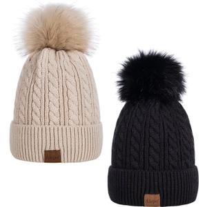 Alepo Womens Winter Beanie Hat, Warm Fleece Lined Knitted Soft Ski Cuff Cap with Pom Pom, One Size