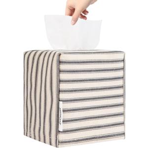 Tissue Box Cover, Fabric Tissue Box Holder Square, Stylish Toilet Paper Storage, Modern Bathroom Counter Organizer Decorations Accessories,Ticking Stripe 5''x5''x5'' (Pastel Grey)