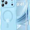 Magnetic for iPhone 17 Case, Cute Wavy Upgraded [Full Camera Protection][Fit for MagSafe] 1X Screen Protector + 1X Wrist Strap, Trendy Matte Women Girly Phone Case for iPhone 17 6.3", Sky Blue