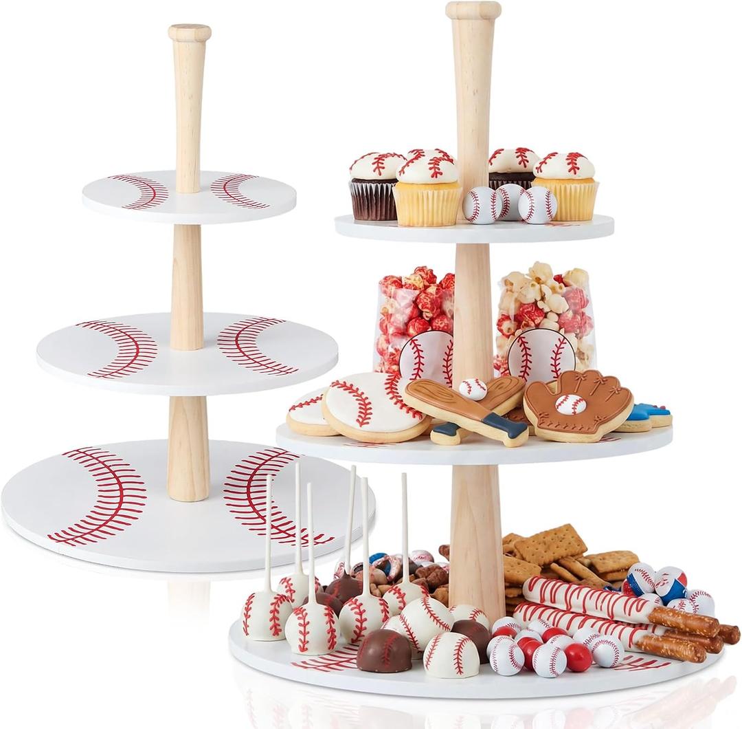 Domensi 2 Pcs 3 Tier Baseball Serving Tray Wooden Baseball Cupcake Stand Displays Plate Board Reusable Cupcake Serving Tower Holder Decoration for Sport Theme Game Tailgate Birthday Party Supplies