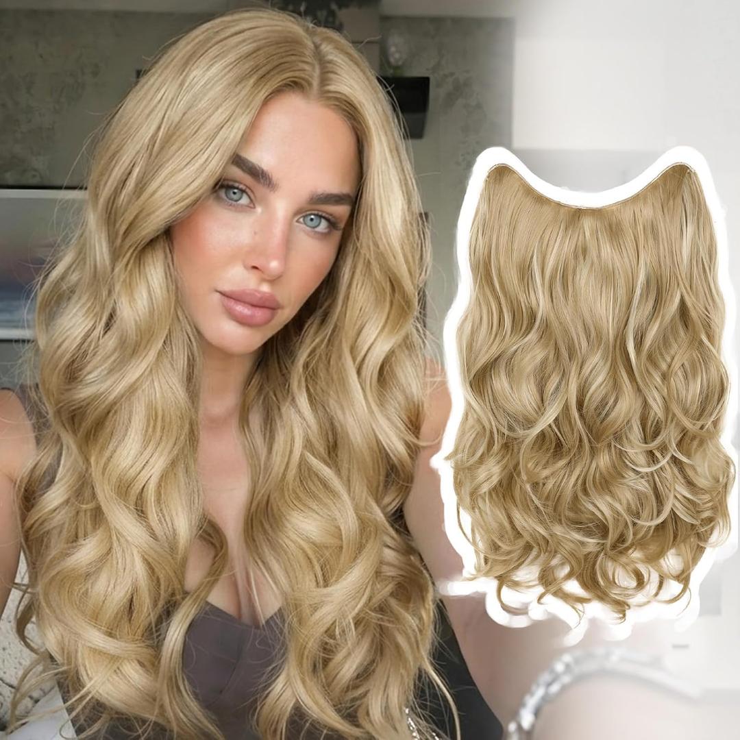 FAVE 20 Inches Clip in Extensions V Part Hair Extension Synthetic One Piece Extensions for Women Wavy Clip in Hair Extensions Dirty Blonde Highlight Hair Extensions for Daily Use