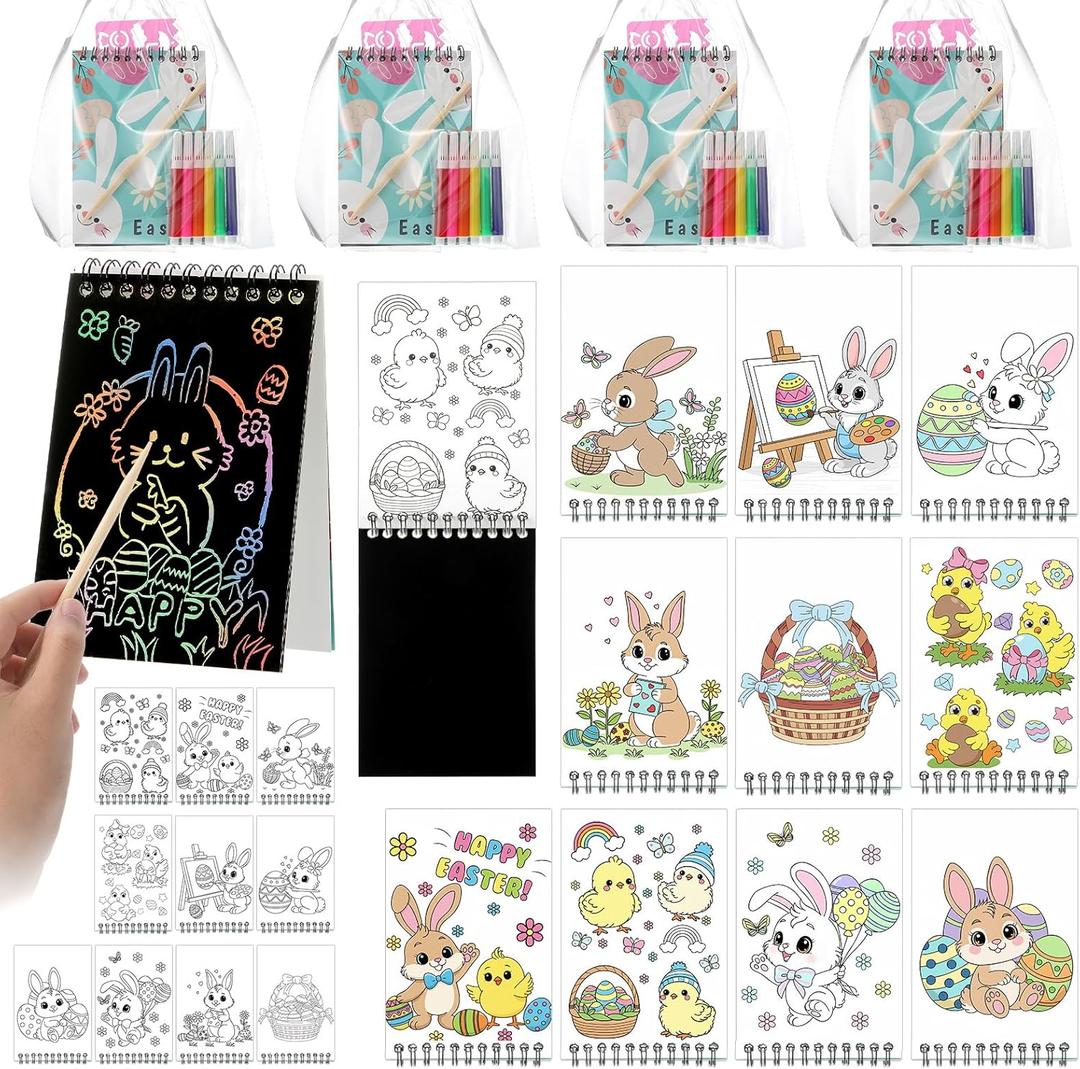 24 Pack Easter Classroom Gifts for Students Rainbow Scratch Crafts Art Mini Coloring Books School Classroom Candy-Free Prize Teacher Gift Bulk Easter Basket Stuffer Party Favor for Kid