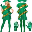 4 Pcs Christmas Tree Costume Set for Women Xmas Outfit Dress Christmas Tree Hat Short Satin Gloves Green Tights