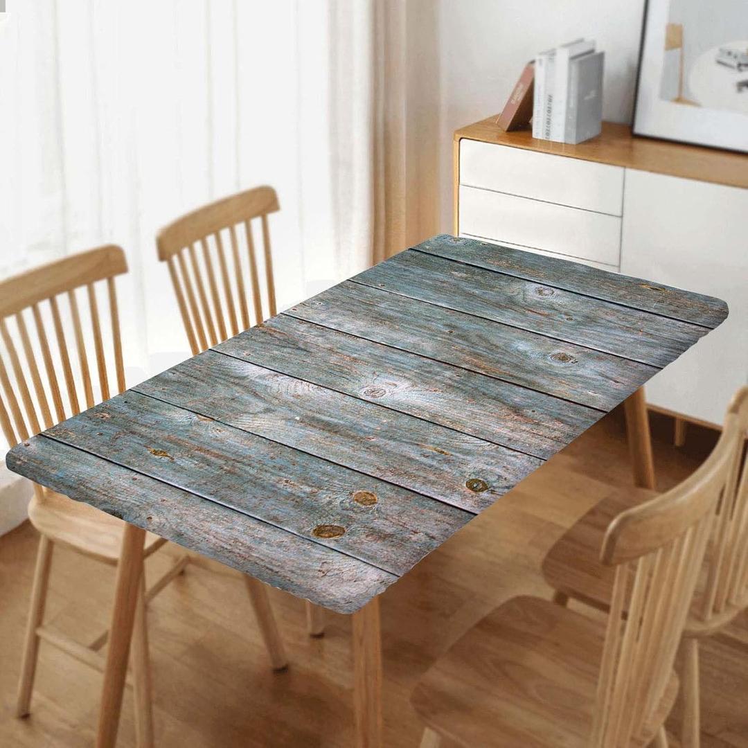 Fitted Table Cloth Wood Grain Rectangle Tablecloth Elastic Cover Blue Gray Tablecloths Washable Polyester Cloths for Home Farmhouse Picnic Party Decor, Fit for 60x30 Inch Table, Style 20