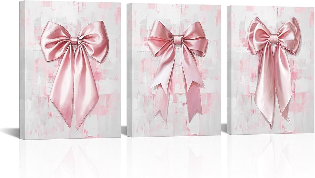 Visual Art Decor Bow Pictures Girls Bathroom Bedroom Wall Decor, Bow Wall Art Framed 12x16inchx3 Pieces (Pink)