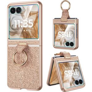 Caka Bling Case for Motorola Razr 2024/2025 Case [NOT for Plus or Ultra], with Finger Ring Holder & Built-in Screen Protector, Slim Thin Protective Phone Cover for Moto Razr 2024 & 2025 - Rose Gold