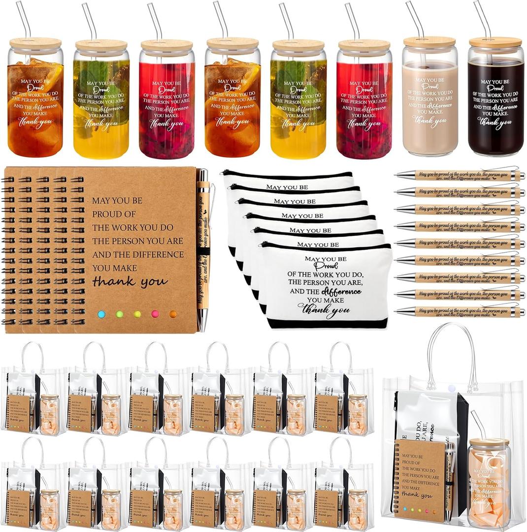 60 Pcs Employee Appreciation Gifts Bulk Inspirational Glass Cup Makeup Bag Bamboo Pen Inspirational Notebook and Bag for Valentines Day Staff Coworker Team Office (May You Be Proud)