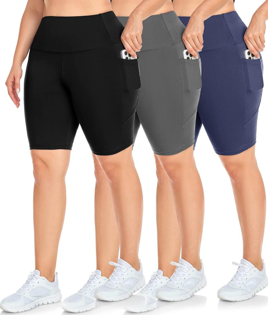 NEW YOUNG 3 Pack Plus Size Biker Shorts with Pockets for Women-High Waisted 8" Yoga Pants Workout Shorts, 3X-Large Plus