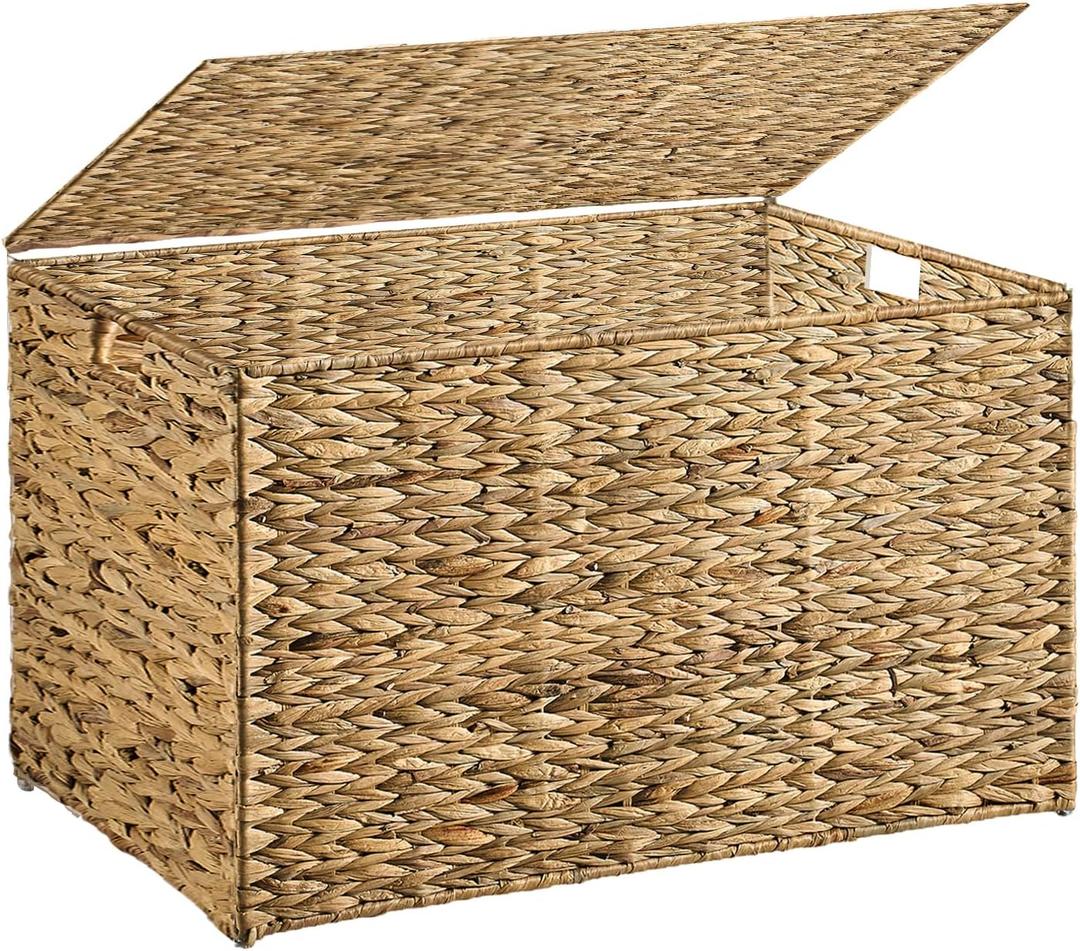 Water Hyacinth Storage Basket with Lid, 27.7 Gallon (105L) Blanket Storage Basket with Handles, Woven Storage Bin, Foldable, Metal Frame, for Bedroom, Laundry Room, Natural (105 L:15.7 x 26 x 15.7 Inches)