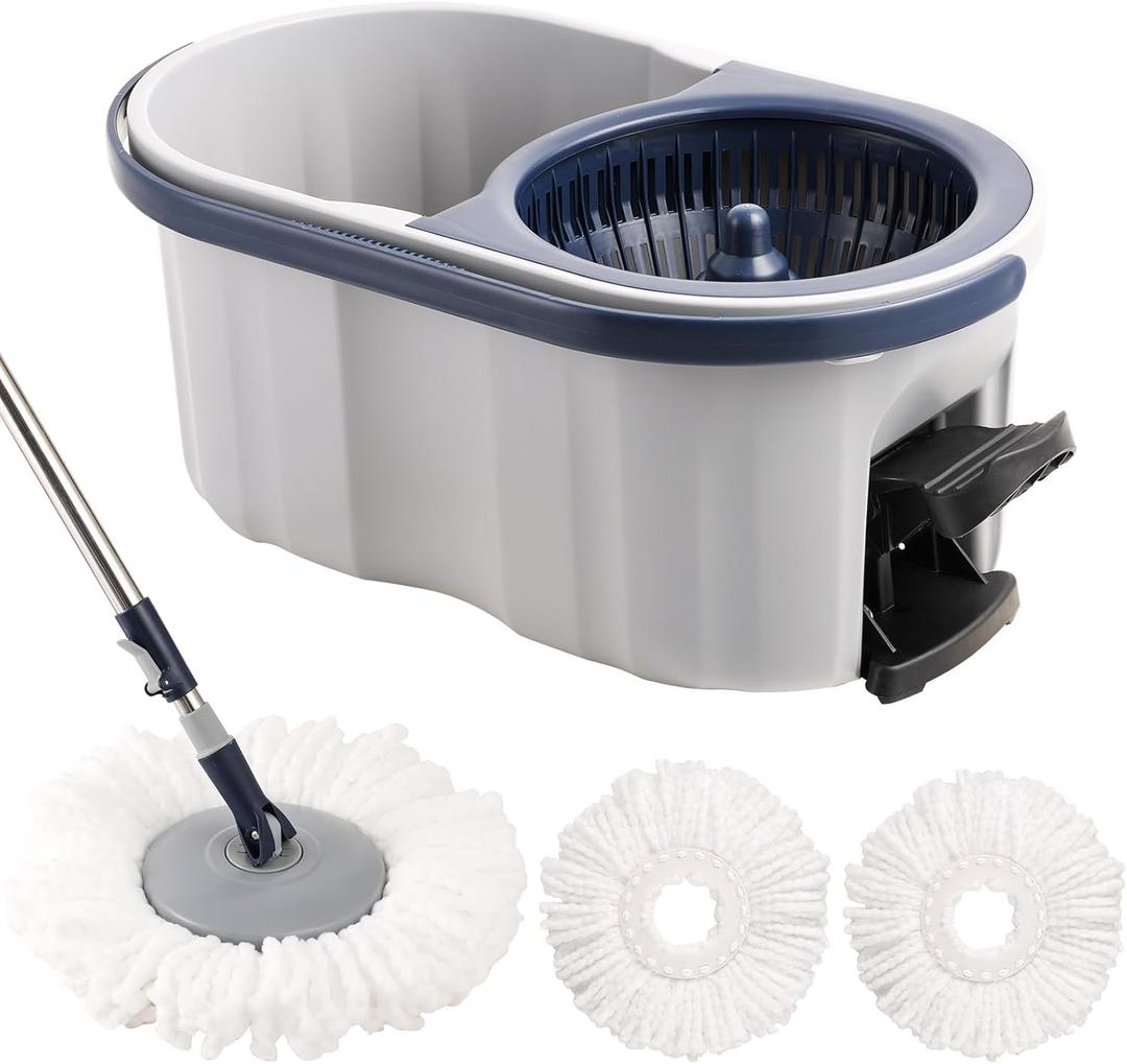 Spin Mop and Bucket Set 180 Swivel Mop Head Adjustable Telescopic Handle Dual Chamber Bucket 3 Refills Dual-Action Wringing Hand-Press Foot-Peda Hands-Free Self-Cleaning System for All Floor Types