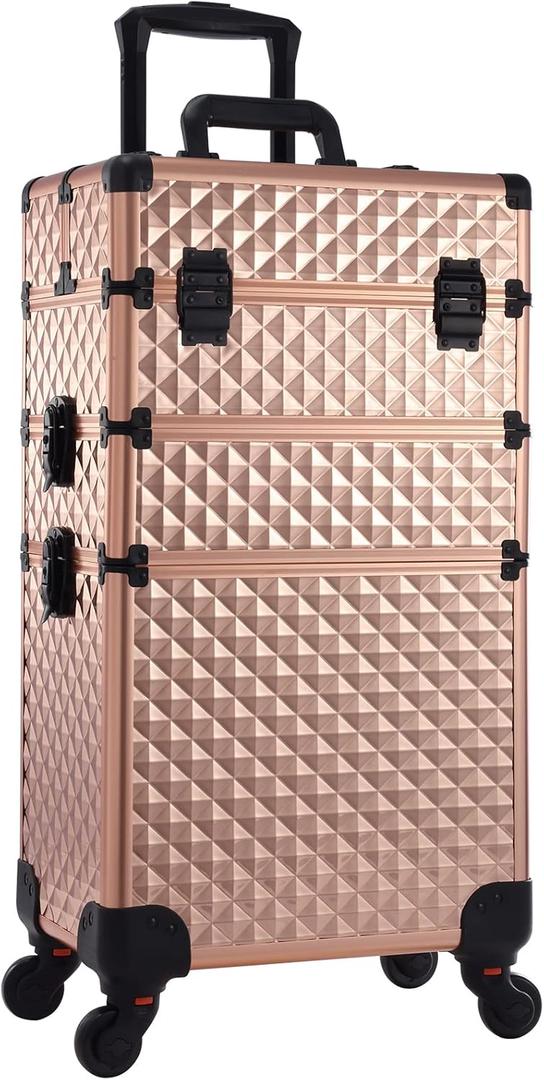 Adazzo 3 in 1 Professional Rolling Makeup Train Case Aluminum Trolley Case with 360 Rotation Wheels for Makuep Artist Cosmetic Suitcase Organizer with Lock and Key Diamond Pattern - Rose Gold