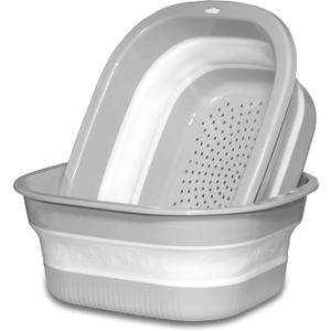 Collapsible Dish Basin with Colander, Foldable 2-in-1 Dish Pan and Strainer Set with Drain Holes, Portable Wash Basin for Kitchen Sink, Camping, Travel & RV (Grey)