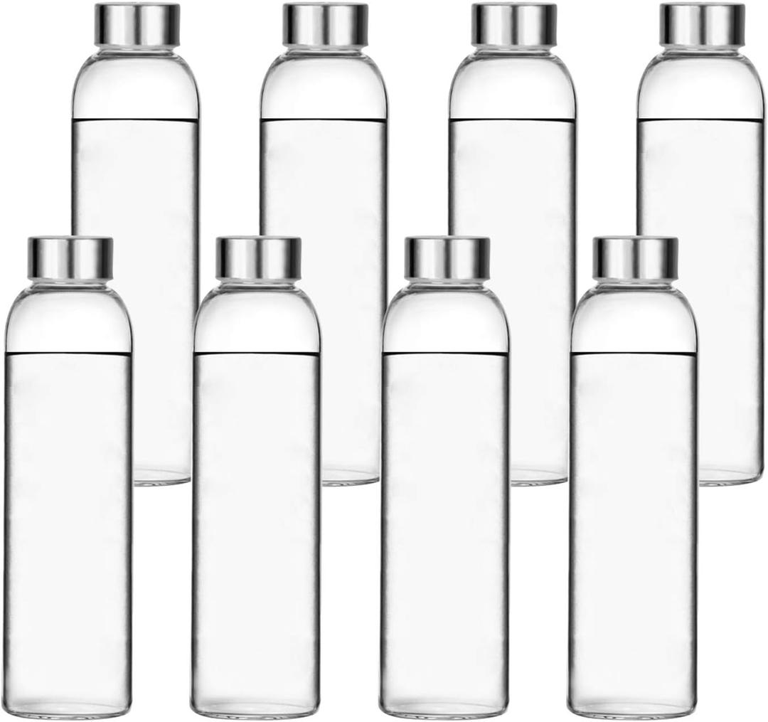 Encheng Glass Water Bottles,16oz Glass Drinking Bottle With Leakproof Stainless Steel Cap,Reusable Juice Bottles Beverage Drinkware,To Go Travel Bottles For Drink,Sauce,8Pack