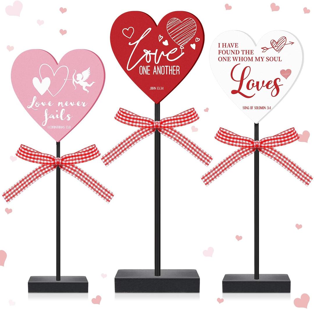 Geetery 3 Pcs Christian Valentine's Day Decorations Bible Verse Religious Jesus Heart Wooden Sign Standing Block Love Christian Tables Centerpieces Valentines Sign for Church Gift Wedding Home Shelf