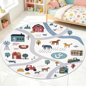 Kids 4Ft Round Farm Animal Rug for Boys Girls Bedroom Farmhouse
Circle Car Road Map Carpet for Children Room Playroom Classroom Living Room, Soft Washable Nonslip, Indoor Decor, White