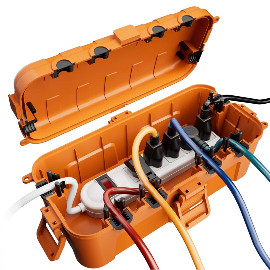 Flemoon Medium Outdoor Electrical Box (11.5x5.2x4 inch), IP54 Waterproof Extension Cord Cover w/6 Cable Entry Ports, Weatherproof Connection Box for Power Strip, Timer, Holiday Lights, Orange