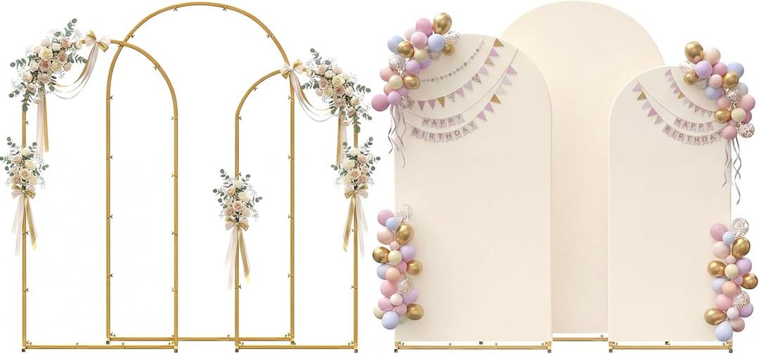 Set of 3 Metal Arch Backdrop Stand with Cover Set, (7.2FT, 6.6FT, 6FT Wedding Arch and Cover Set), Backdrop Arch for Party, Baby Shower, Birthday, and Graduation Ceremony