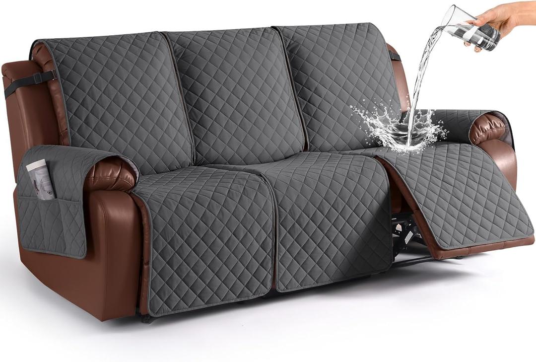 KinCam Waterproof Recliner Sofa Cover, Non-Slip Reclining Couch Covers for 3 Seat, Recliner Couch Cover Furniture Protector with Elastic Straps for Pets, Kids, Charcoal Gray