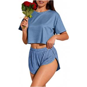 OYOANGLE Womens Pajama Sets 2 Piece Sexy Lounge Sets Summer Cute Pjs Striped Print Tee and Side Split Shorts Set, Medium