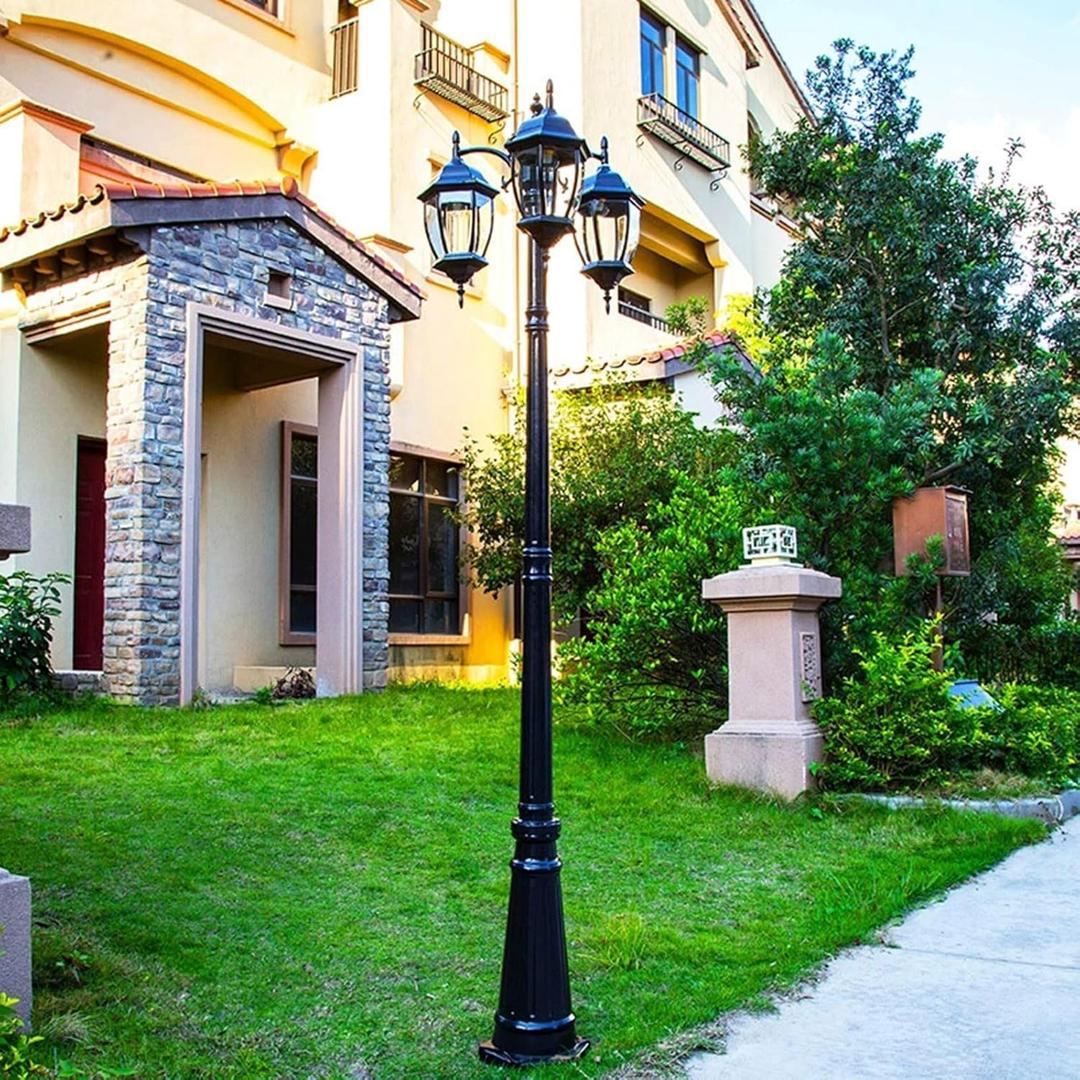 Outdoor Lamp Post Light 3-Head, Classic Vintage Light Pole with Clear Glass Panels, E27 Base, Dusk to Dawn Waterproof Street Light for Patio, Backyard, Garden, Driveway (Black)