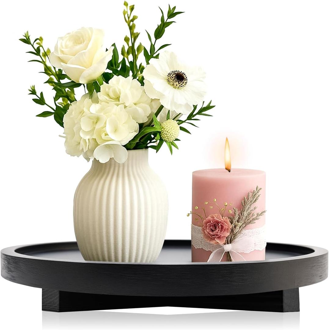 Large Decorative Wooden Tray for Kitchen Counter Bathroom Sink Vanity Trays Round Wood Riser Candle Pedestal Stand for Perfume Soap Tray Round Dining Coffee Table Modern Farmhouse Decor Tray (12 Inch, Black)