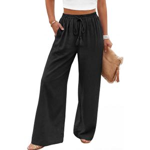 LOOKBOHO Women's Wide Leg Pants High Waisted Drawstring Loose Palazzo Pant Trendy Casual Flowy Beach Trousers with Pockets (Black, L)