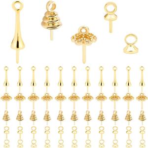 PH PandaHall 14K Gold Plated Screw Eye Pins 100pcs Cup Pearl Pendants 5 Style Bead Caps Pearl Cup Pendant Connector Golden Pins for Charms Beads Earring Necklace Bracelet Jewelry Making