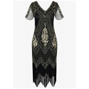 866 - Plus Size 1920s Vintage Fringed Gatsby Sequin Beaded Tassels Hem Flapper Party Prom Cocktail Concert Dress, L, Black Gold