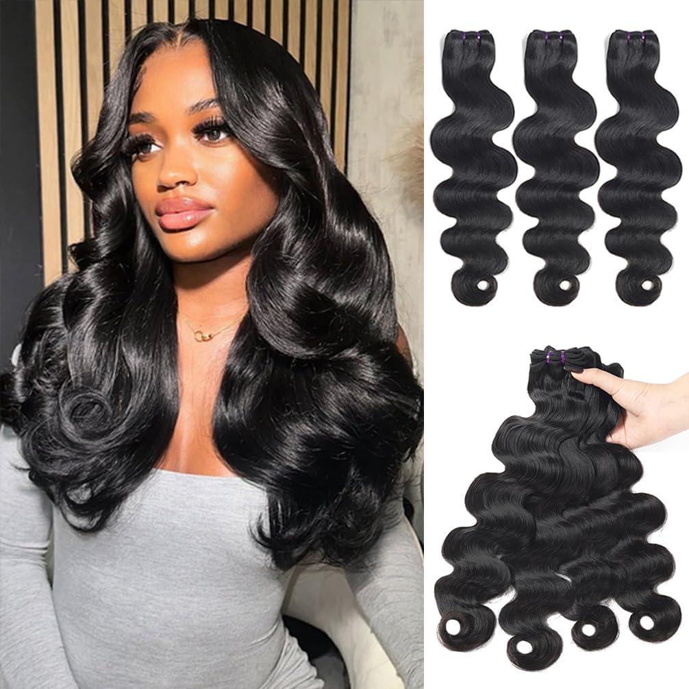 Human Hair Body Wave Bundles 14 16 18 Inch 16A Raw Vietnamese Virgin Human Hair Bundles Body Wave 3 Bundles Human Hair Full and Thick Natural Black Color Hair Extensions