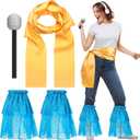 4 Pcs Halloween Mamma Queen Costume Accessory Disco Dance Party Cosplay Include Blue Ruffle Flare Fit Leg Sleeve, Gold Waist Sash Belt and Silver Glitter Fake Microphone Prop for Women Girl