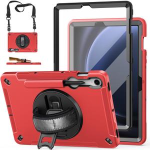 Case for Galaxy Tab S10 FE &S9 FE 10.9"/S9 11 Inch: TPU Cover for Samsung Tablet S10 FE/ 2025/ S9 FE & S9 2023 5G with Screen Protector- Stand- Handle-Shoulder Strap-S-Pen Holder-Red