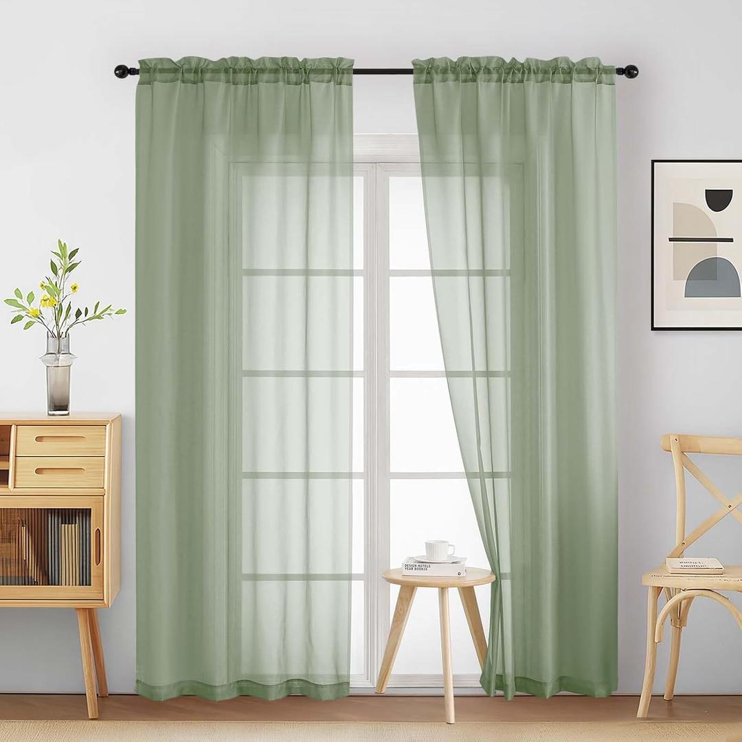 Sage Green Sheer Curtains 90 Inches Long 2 Panels, Light Filtering Solid Sheer Curtains for Bedroom Living Room, Lightweight Soft Airy Voile Sheer Drapes, Dual Rod Pocket, 2x42Wx90L Inches