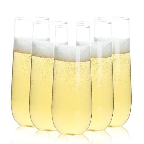 Bestluck 48 Pack 9 oz Stemless Plastic Champagne Flutes, Clear Disposable Champagne Toasting Glasses, Shatterproof and BPA-Free Drinkware for Party & Graduation & Wedding