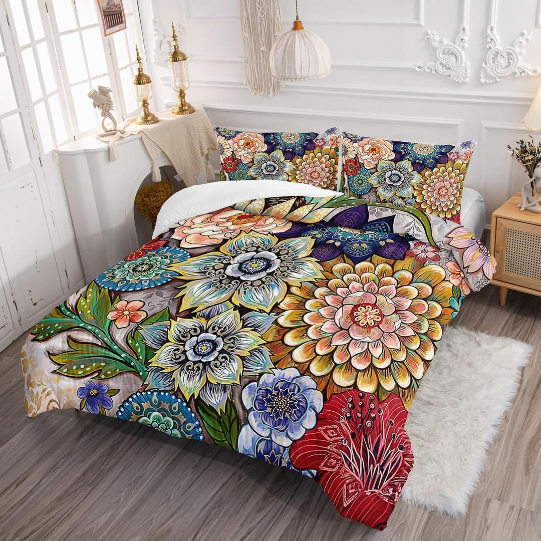 Nttopship 3 Piece Boho Floral Bedding Set,Colorful Flowers Comforter Set,Bohemian Reversible Down Alternative Bed Sets,Full Size Soft Microfiber Flower Duvet Vintage Bedding in a Bag for Women Men